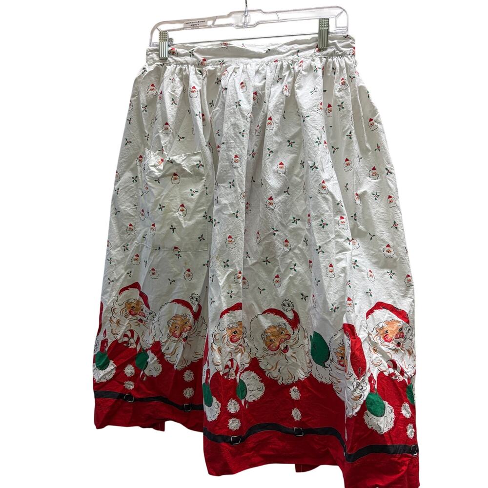 Vintage Handmade Tie Waist Half Apron Christmas Santa Border Print *READ